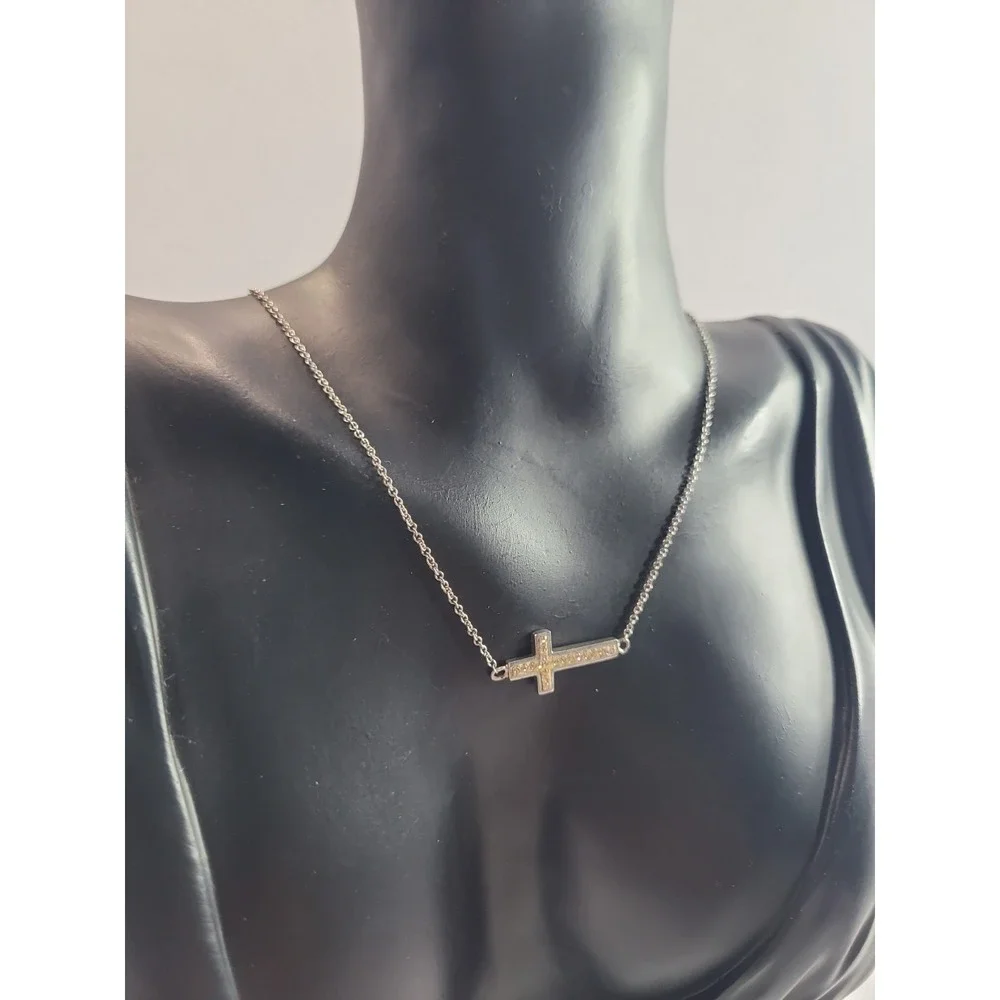 Silver Tone Sideways Cross Necklace Clear Rhinestone Christian Faith Jewelry